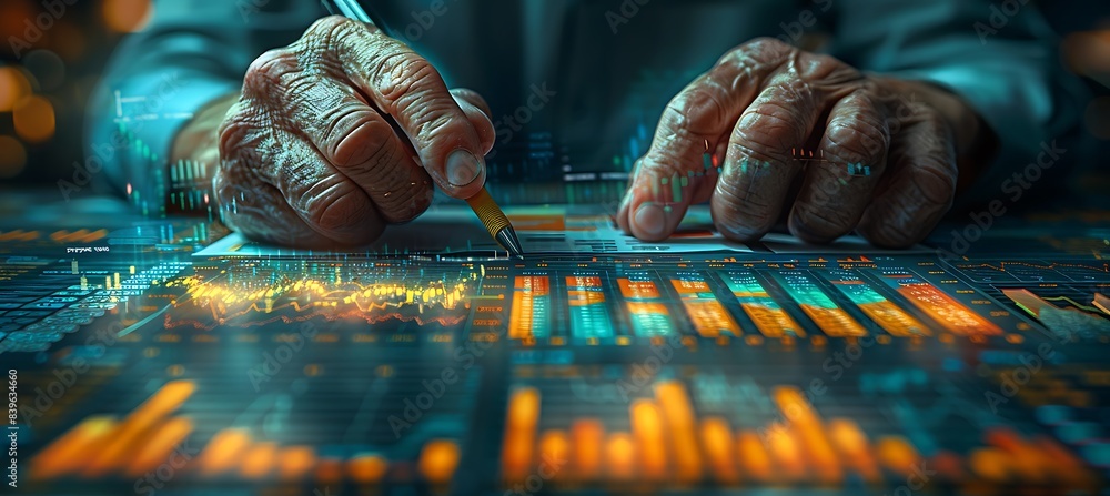 Poster closeup of financial analysis hands pointing at graphs and charts using macro photography and dual i