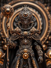 Fototapeta premium Futuristic Steampunk Warrior with Intricate Armor Holding Staff in Ornate Setting