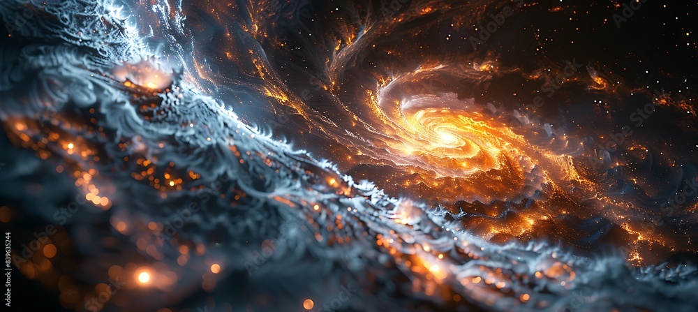 Poster closeup of spacetime distortion near black hole with light bending and stars being stretched using m