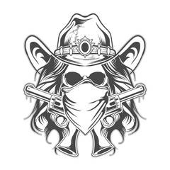 Cowgirl skull with hat and hair and short gun vector design.