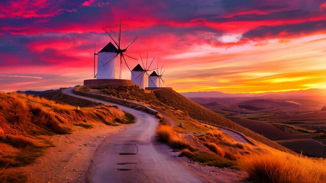 Windmills on a hilltop at sunset