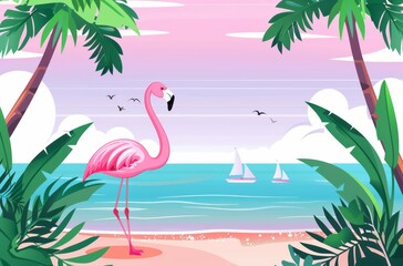 A pink flamingo stands on the beach, with palm trees and blue water in front of it