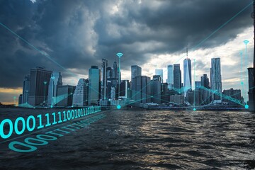 Augmented photo of a smart city connectivity with mobil network. Concept of 5G wireless digital data transfer and internet of things. Urban planning of the future includes signal strength and ai.