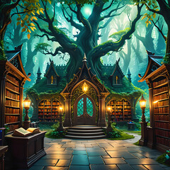 A magical library surrounded by enchanted trees in a mystical forest, where books come alive with stories of wizards, dragons, and ancient mysteries waiting to be unraveled.