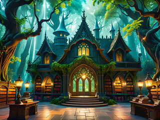 A magical library surrounded by enchanted trees in a mystical forest, where books come alive with stories of wizards, dragons, and ancient mysteries waiting to be unraveled.