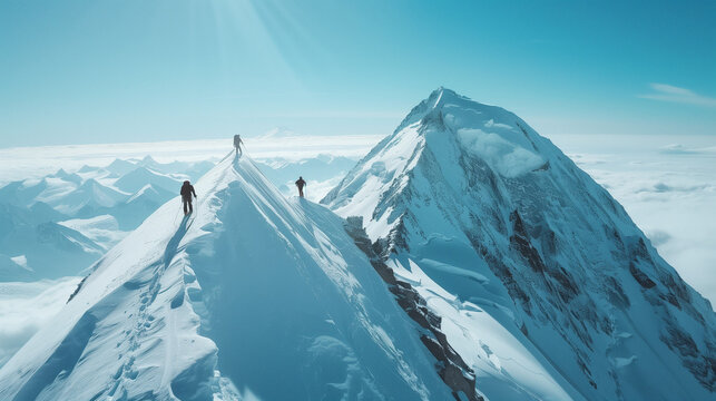 Reaching the Summit: Adventurers on a Majestic Snowy Peak