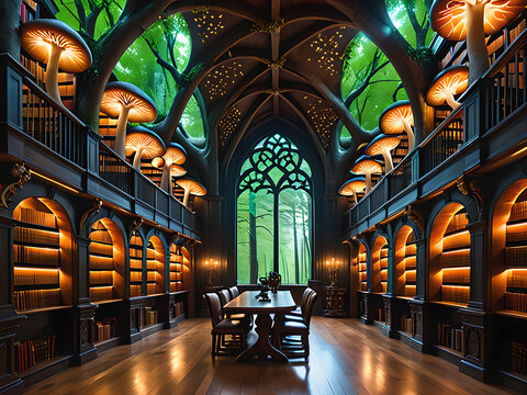 A grand library built from living trees, their branches forming majestic arches, glowing mushrooms illuminating shelves overflowing with leather-bound books adorned with cryptic symbols.