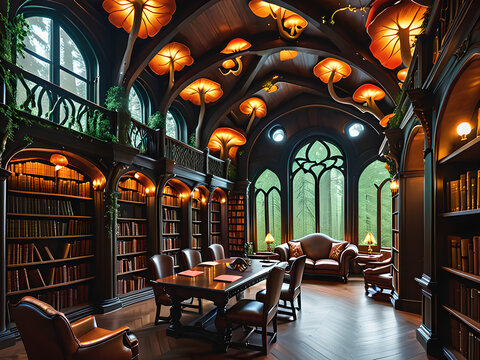 A grand library built from living trees, their branches forming majestic arches, glowing mushrooms illuminating shelves overflowing with leather-bound books adorned with cryptic symbols.