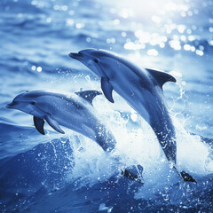 Fototapeta premium Majestic Silver and Blue Dolphins in Ocean Waters: Graceful Marine Life