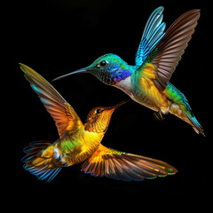 Naklejka premium Golden and Blue Hummingbirds on Black: Elegant Nature in Flight