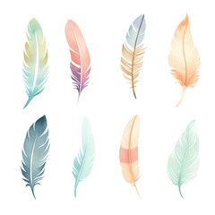 A collection of eight delicate watercolor feathers in various colors and styles, perfect for nature-themed designs and artistic projects.