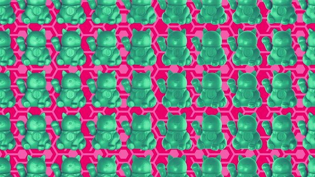A looping background pattern of green 3D Lucky Cats with waving paws on a red background.