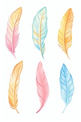 Colorful set of six watercolor feathers in pastel shades on a white background. Perfect for designs and illustrations.