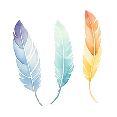 Colorful watercolor feathers illustration featuring blue, green, and orange feathers. Perfect for nature-inspired designs and creative projects.