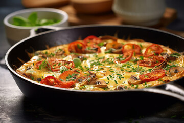 Gourmet mushroom omelette in skillet