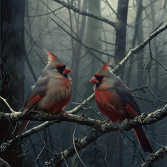Silver and Red Cardinals in a Dark Forest: Nature&rsquo;s Beauty on Display