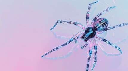 Closeup macro shot of a spider intricately perched on its web, highlighted against a soft gradient pastel background