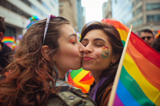 Two Women Sharing a Kiss at a Pride Parade with Rainbow Flag Celebrating Love and LGBTQ+ Pride