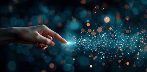 A Hand Reaching Out To Touch Glowing Light Particles In The Dark
