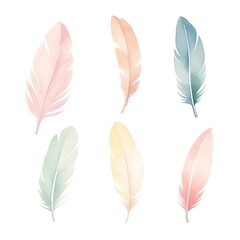 Set of six pastel watercolor feathers in soft hues of pink, blue, and green, perfect for nature-themed designs and artistic projects.