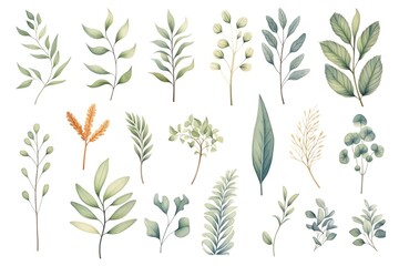 Fototapeta premium Watercolor botanical illustrations of various leaves and plants in soft green hues, perfect for design projects, prints, and decor.