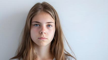 teenage girl with a serious and focused expression on white backdrop. generative ai