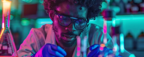 Obraz premium Afro men is a teacher of chemistry in school learning kids about science, banner. Generative Ai.