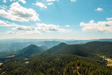 Aerial view Green coniferous forest and grass meadows top view Beautiful mountain range against blue sky on sunny