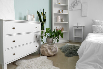 White chest of drawers and houseplants near green wall in interior of modern light bedroom