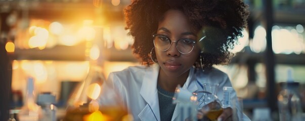 Afro women is a teacher of chemistry in school learning kids about science, banner. Generative Ai.