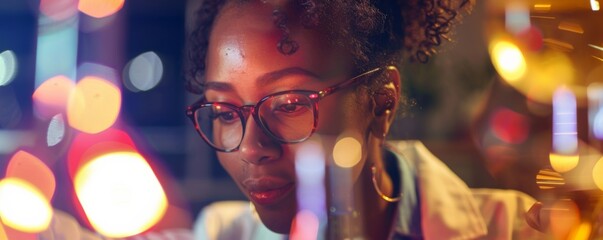 Afro women is a teacher of chemistry in school learning kids about science, banner. Generative Ai.