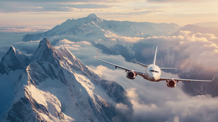 A large passenger airplane flies over the snowy mountain peaks. - Powered by Adobe