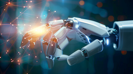 A robot hand is shown in a blue