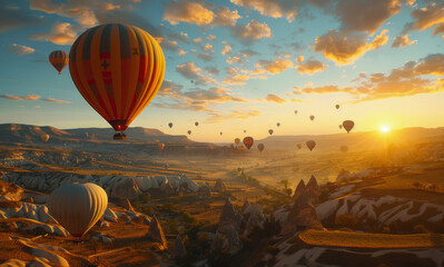 Colorful Hot Air Balloons Soaring Over Cappadocia During Sunrise