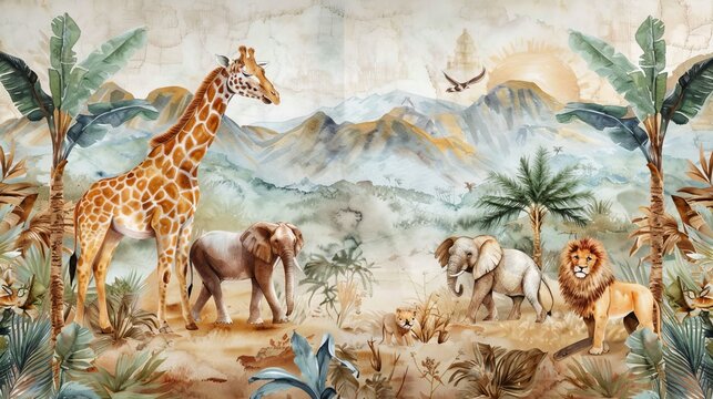 Safari Wildlife Wallpaper Mural featuring tropical animals such as Giraffe, Lion, and Elephant, depicted in a watercolor illustration against a backdrop of mountains 