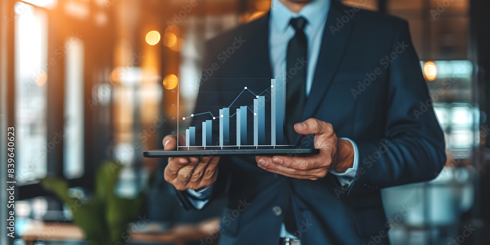 Poster businessman showing with quality control growth graph and cost reduction for cost and quality contro