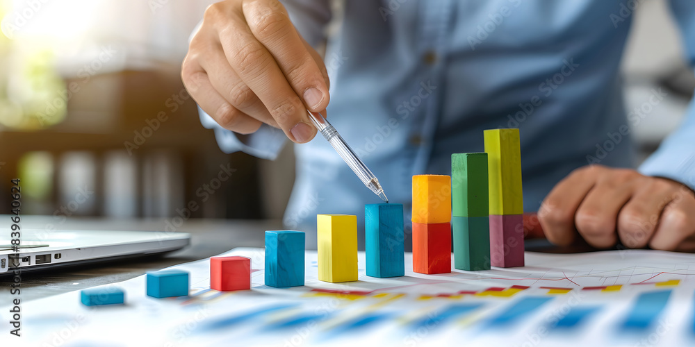 Poster businessman showing with quality control growth graph and cost reduction for cost and quality contro