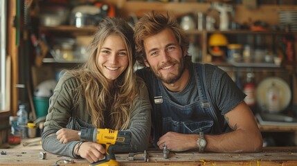 Happy couple working together with a power drill to assemble a stylish DIY cupboard in their home