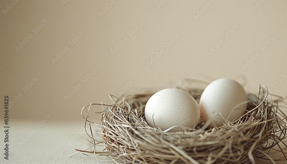 Poster a minimalist nest with two eggs in the lowerleft third, against a simple beige background