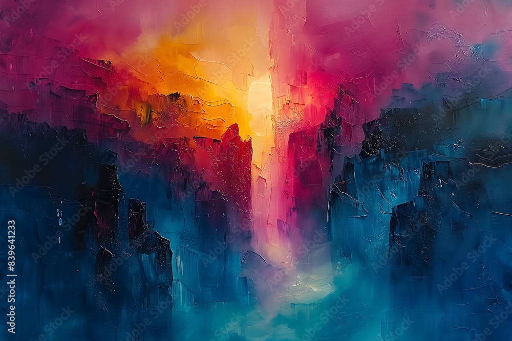 Poster enter world of abstract painting where vibrant mix of warm cool color converge creating captivating 