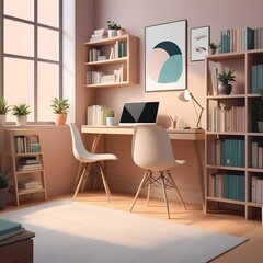 Home office, books, artwork, zoom background, minimalism, orderly, subtle colors