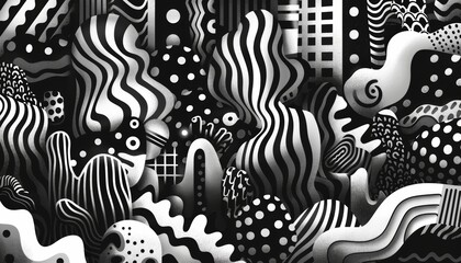 Diverse patterns in a monochrome abstract composition showcasing intricate black and white elements