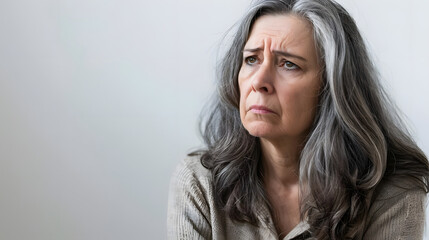 middle aged woman showing sadness and sorrow against white background. generative ai