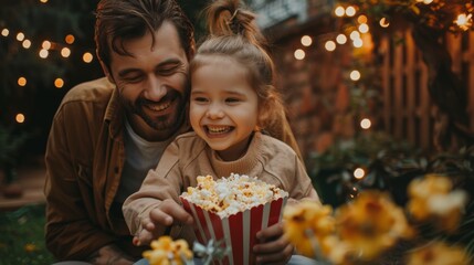 outdoor movie night, a dad and his daughter create a backyard outdoor movie night to celebrate fathers day, with fairy lights, popcorn, and snacks