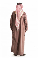 Saudi man full body in traditional suit back view standing, isolated on white background
