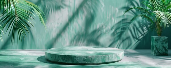Obraz premium Minimalistic green abstract background with geometric shapes and palm leaves