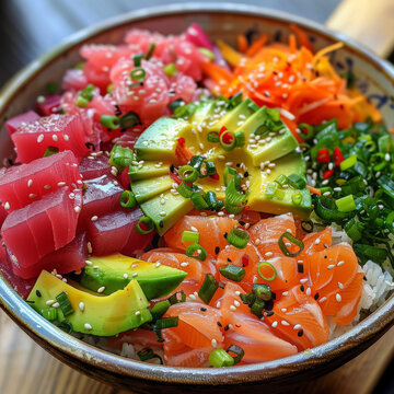 A vibrant bowl of poke with sashimi-grade fish, avocado slices, and a rainbow of pickled vegetables, over a bed of warm jasmine rice. 