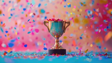 Trophy cup with colorful confetti