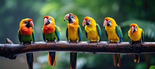Tropical birds sitting on a tree branch in the rainforest