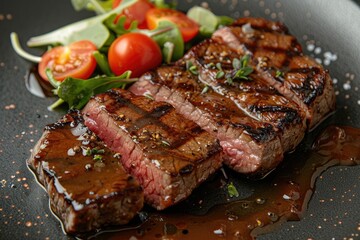 Grilled steak served on a dark plate, accompanied by fresh herbs, tomatoes, and garnishing